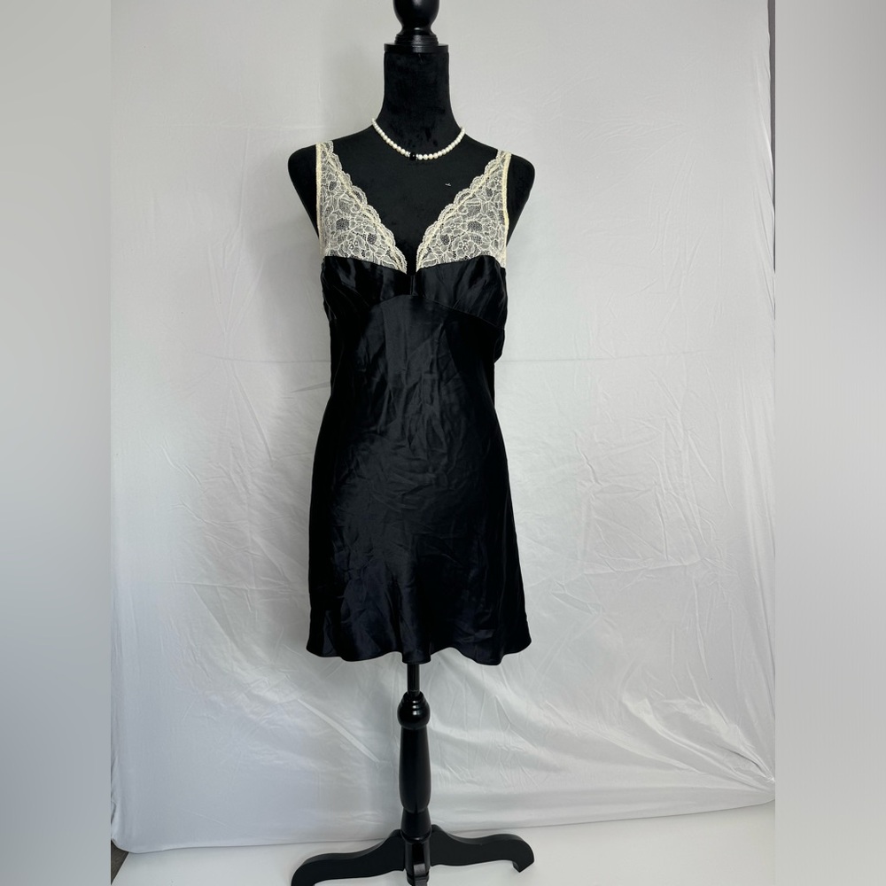 Vintage Victoria's Secret large 100% Silk Slip Teddy Black Open Back Teddy Lace